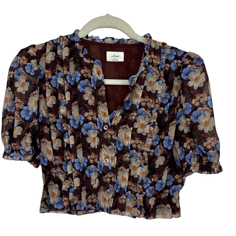 WILFRED ARITZIA brown Cropped puff sleeve with blue and cream floral print sz XS
